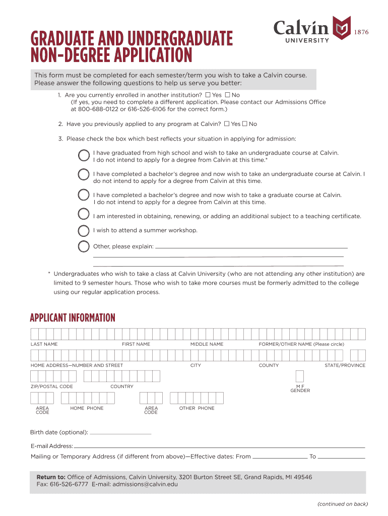 Graduate and Undergraduate Non Degree Application Admission  Form