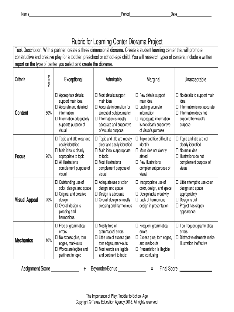 Diorama Rubric  Form