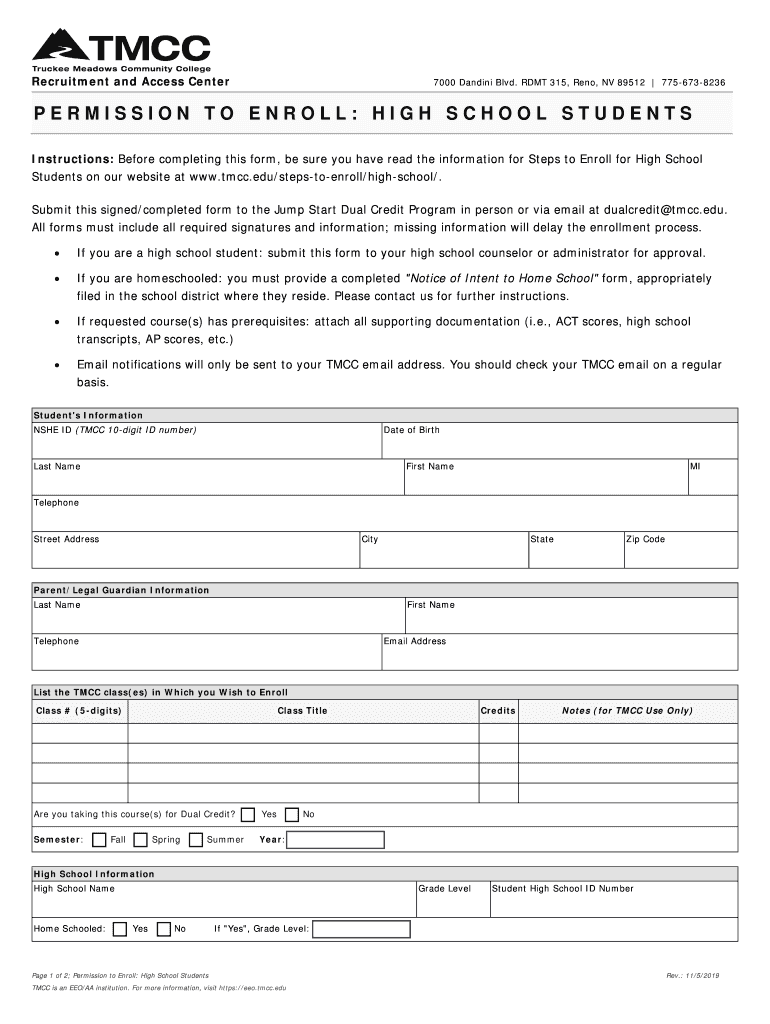 TMCC Permission to Enroll High School Students for TMCC  Form