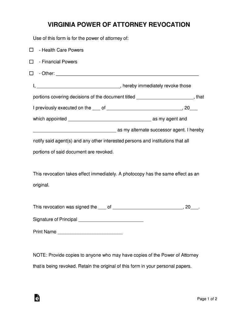 Virginia Revocation of Power of Attorney Form Word