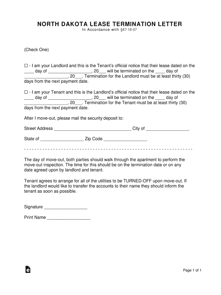 NORTH DAKOTA LEASE TERMINATION LETTER  Form