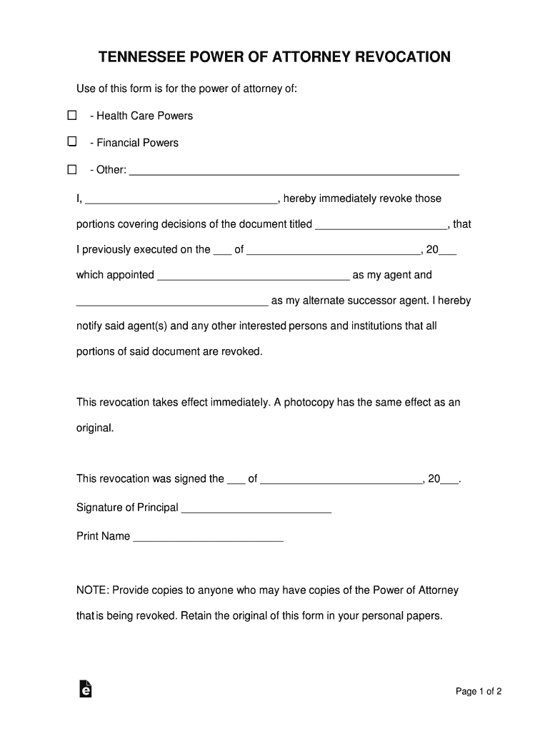Tennessee Power of Attorney Revocation Form