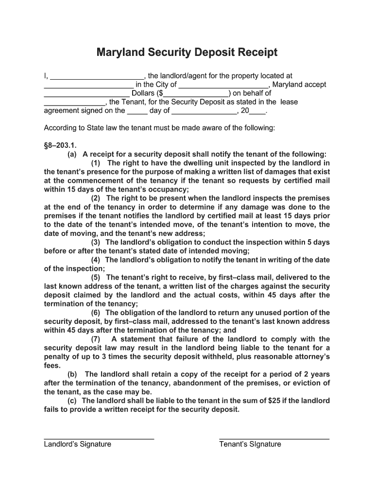 Maryland Deposit Receipt  Form