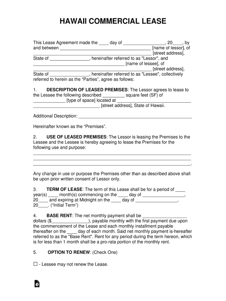 Hawaii Commercial Agreement  Form