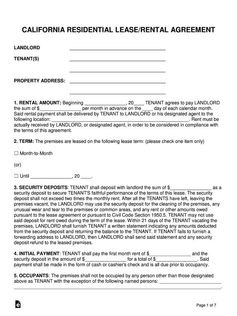California Residential Lease Agreement Fillable  Form