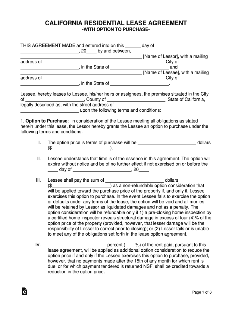 California Residential Lease with Option to Purchase  Form