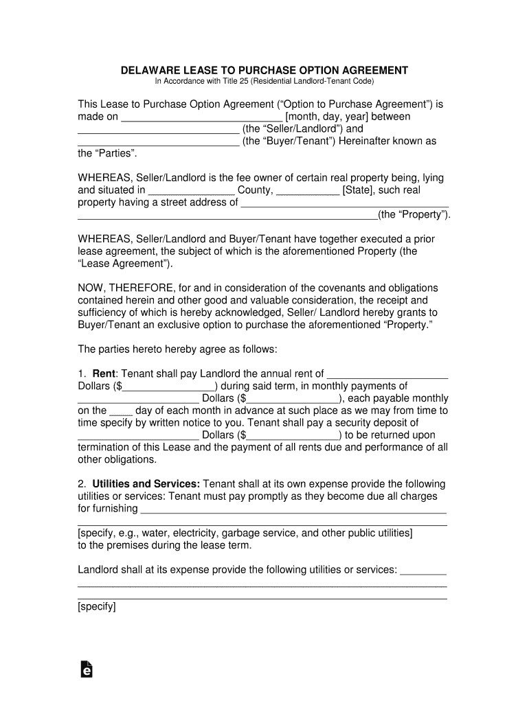 Delaware Lease to Own Purchase Option Agreement  Form