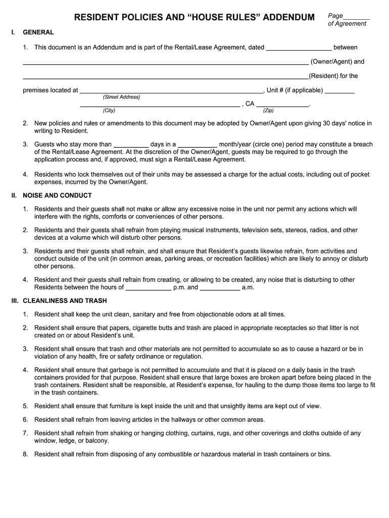 California House Rules  Form