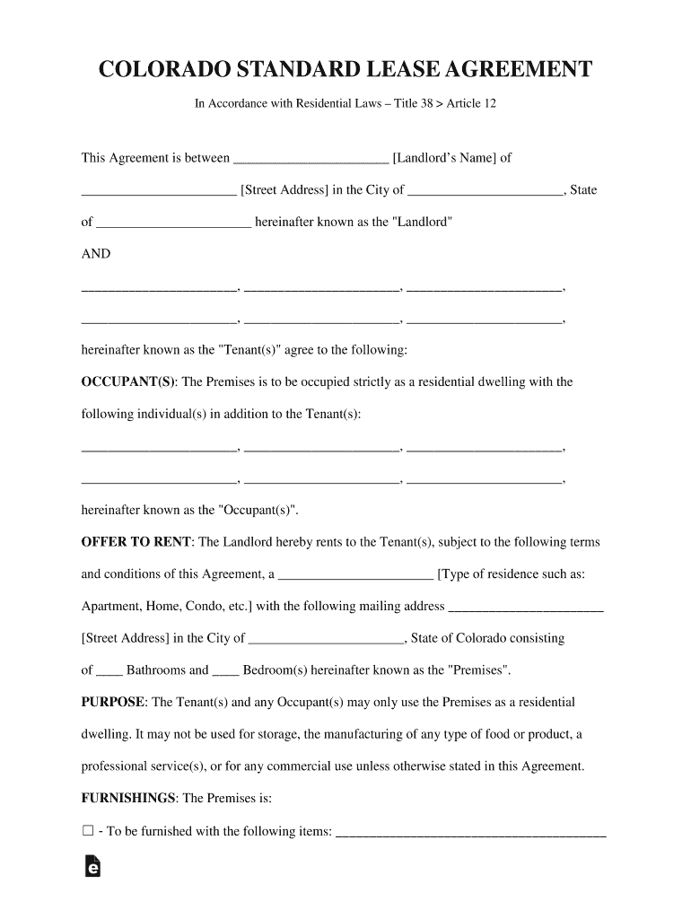 Colorado Standard Residential Lease Agreement  Form