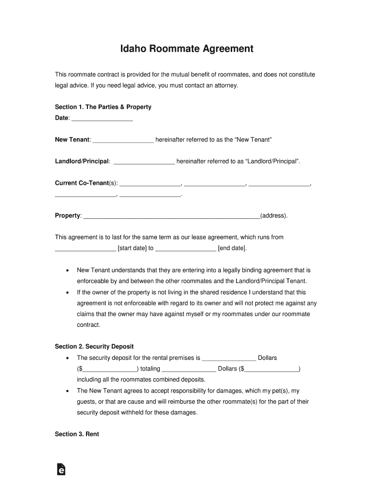 Idaho Roommate Room Rental Lease Agreement Form