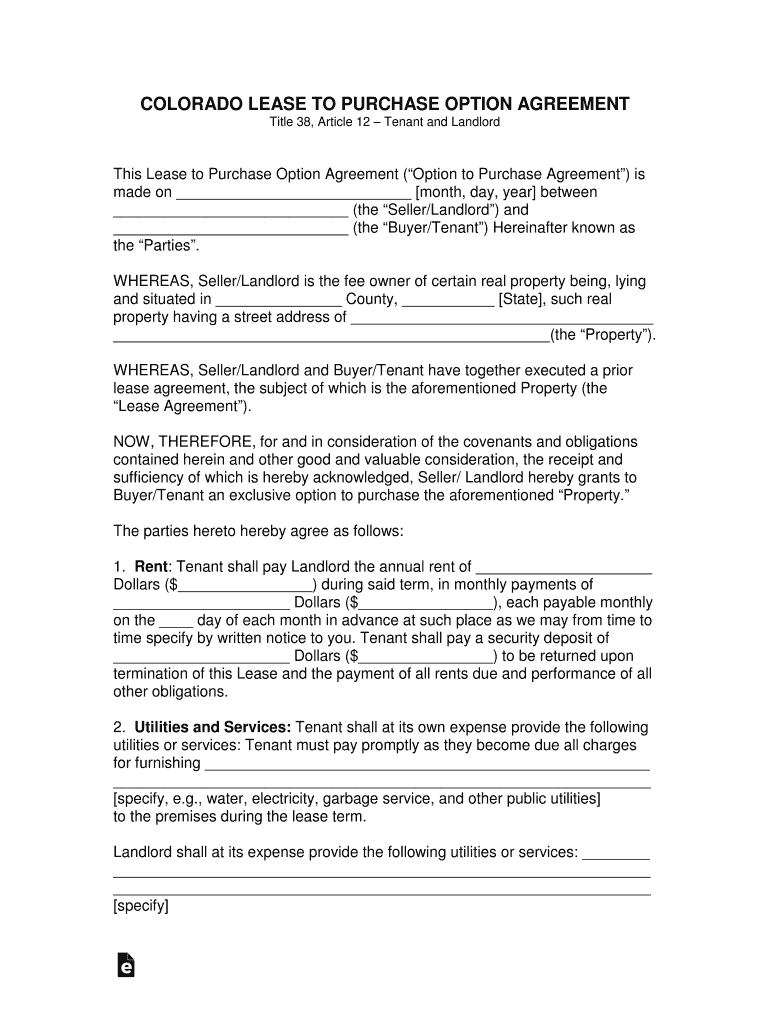 Colorado Lease with Option to Purchase Lease to Own  Form