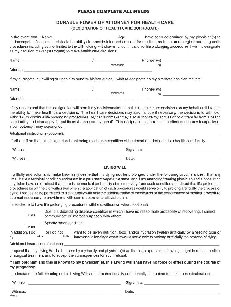  Form Living Will and Durable Power of Attorney for Health Care 2011-2024