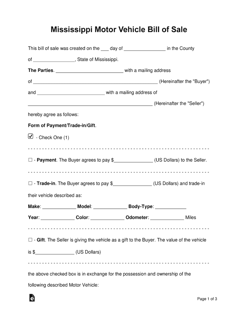 Mississippi Motor Vehicle Bill of Sale Form WordPDF