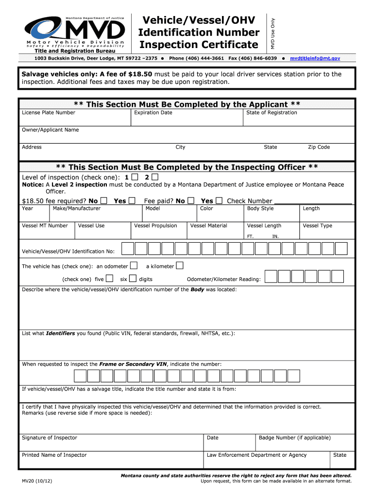  VP 064 Certificate of Inspection Affidavit of Vehicle 2012