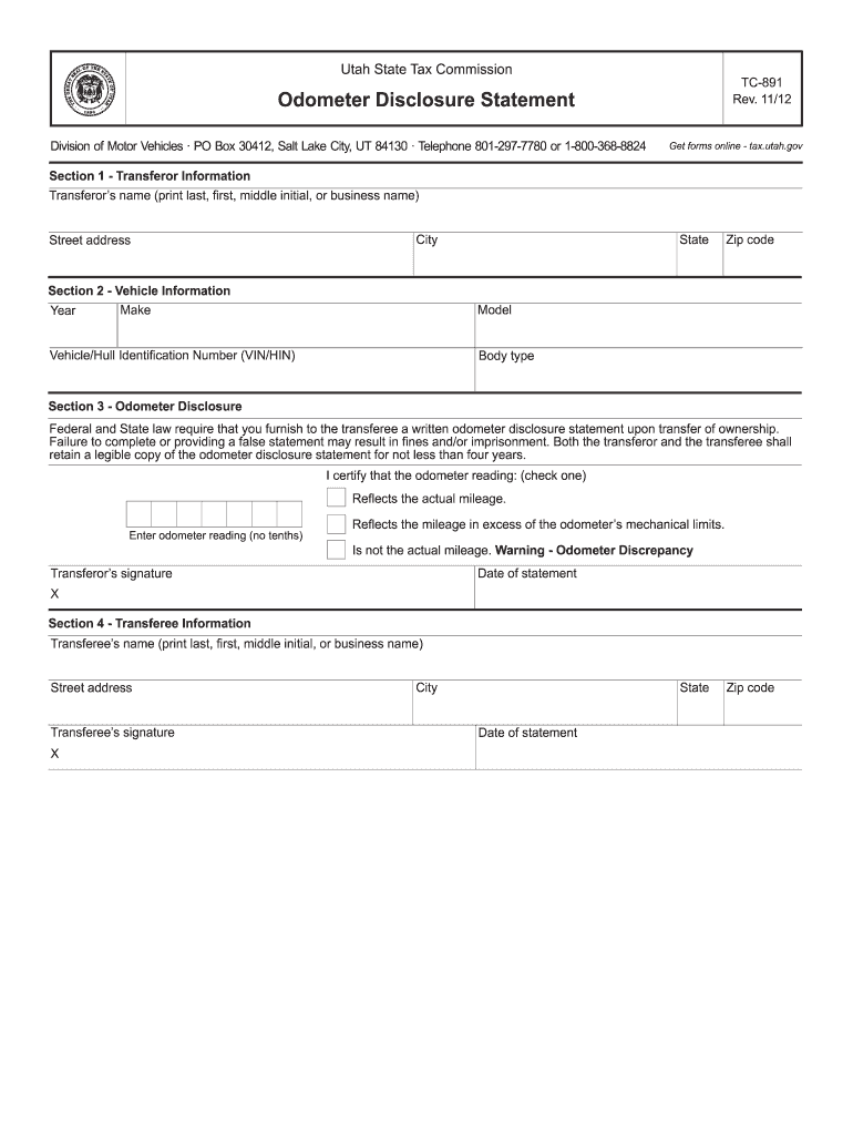 Get and Sign Utah Dmv Odometer Disclosure  Form