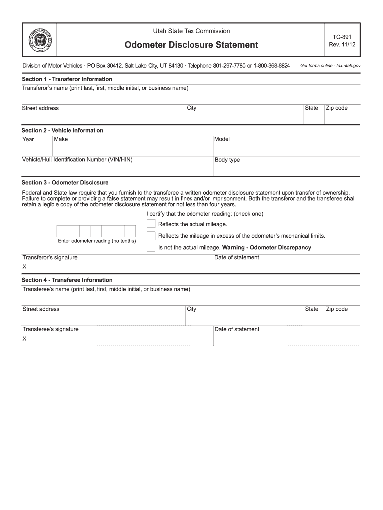 Utah Dmv Odometer Disclosure  Form