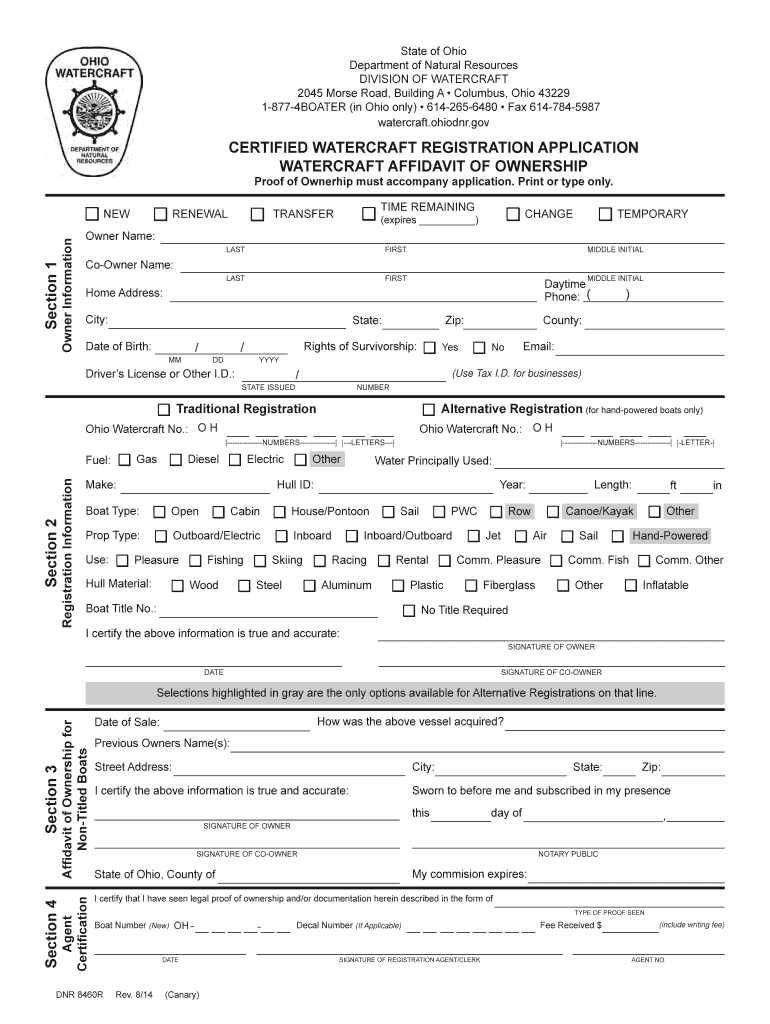  Certified Watercraft Registration Application & Affidavit of Ownership for Nontitled Boats for a Boat Registration, Incl 2014