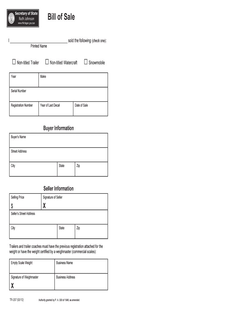  Michigan Motor Vehicle Bill of Sale Form TR 207 Eforms Com 2012