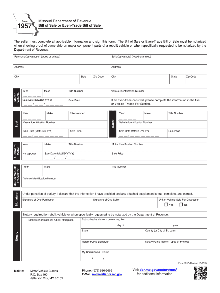  Missouri Motor Vehicle Bill of SaleForm 1957 PDF 2019