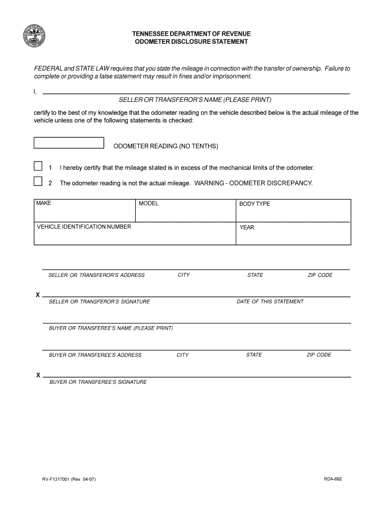  TENNESSEE DEPARTMENT of REVENUE ODOMETER 2007-2024