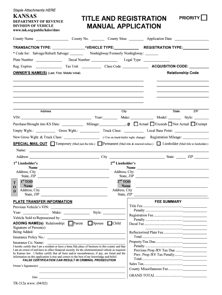  Kansas Department of Revenue Division of Vehicles Vehicle 2002