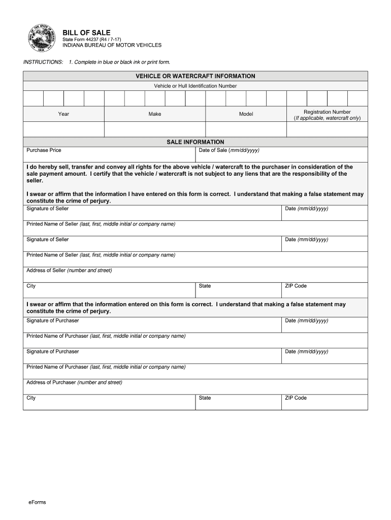  Indiana Bill of Sale Form 44237 2017