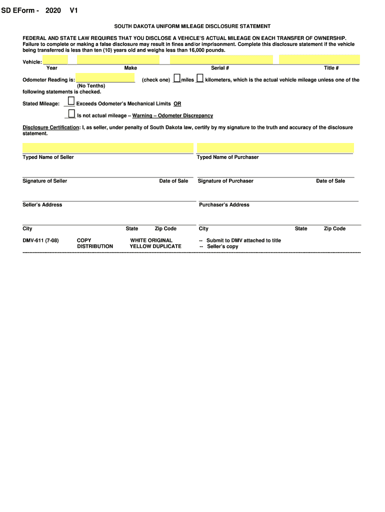  South Dakota Uniform Mileage Disclosure Statement State of 2008-2024