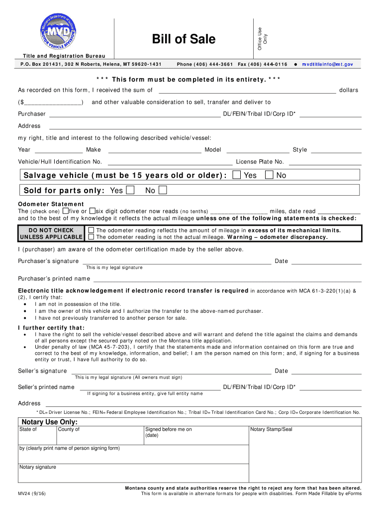  Bill of Sale Form MV24 Flathead County 2018