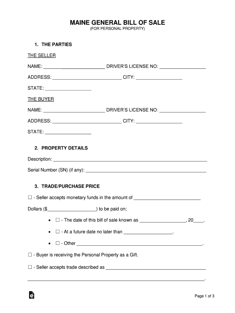 Maine General Bill of Sale  Form
