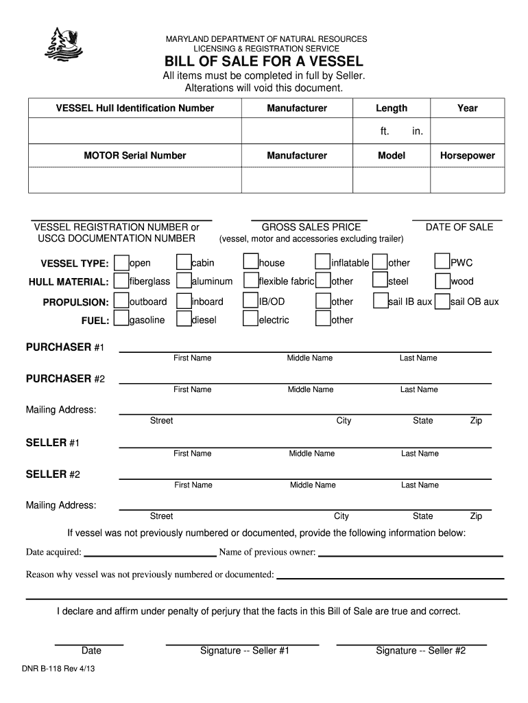 Maryland Vessel Bill of Sale Form PDF Form Download 2013-2024