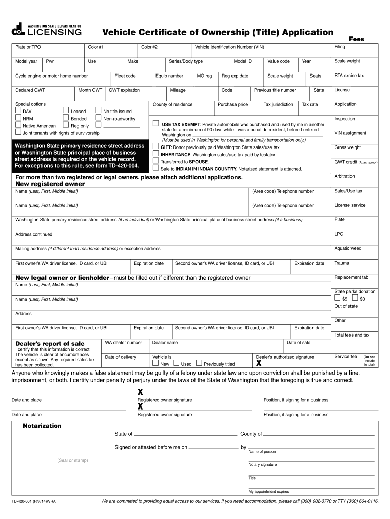  Vehicle Certificate of Ownership Title Application 2014