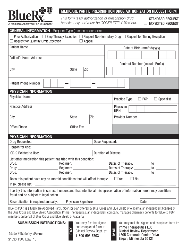  Prime Therapeutics Part D Prior Authorization Form Part D Drug Authorization Request Form 2013