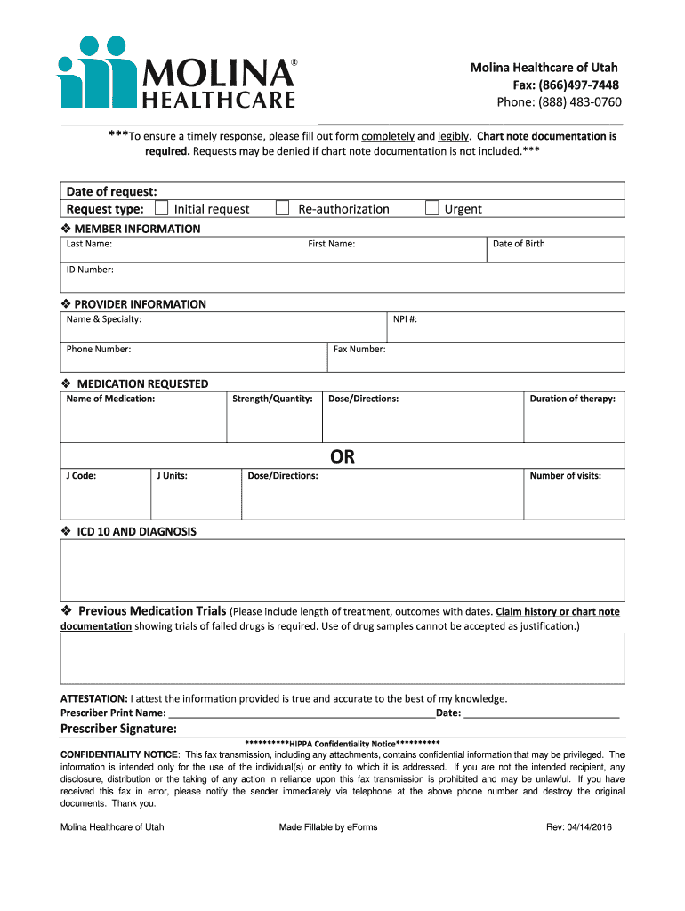  Molina Utah Prior Authorization Form 2016-2024