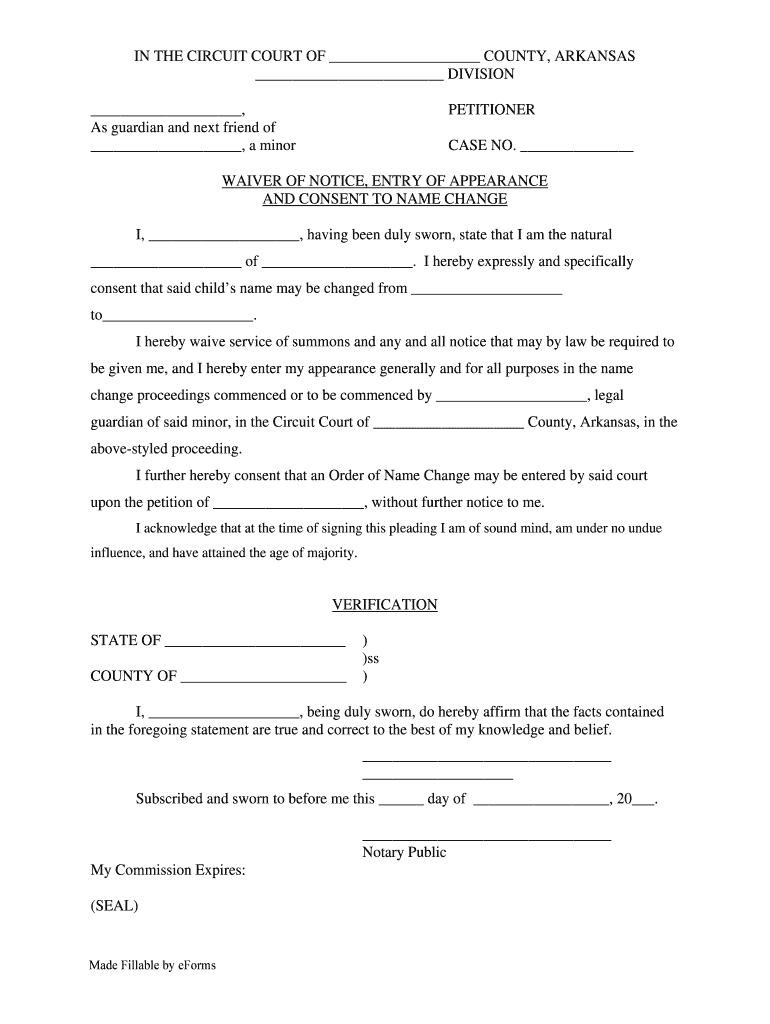 In the CIRCUIT COURT of COUNTY, ARKANSAS DIVISION  Form