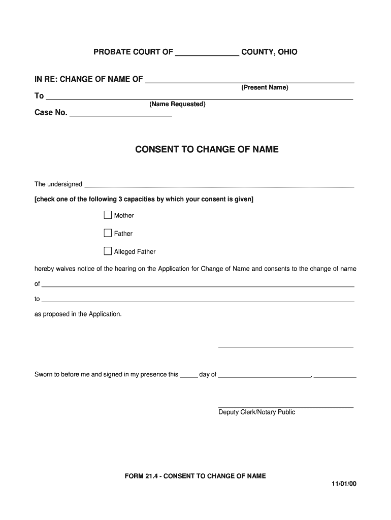 Get and Sign Consent to Change of Name Ohio Supreme Court 2000-2022 Form