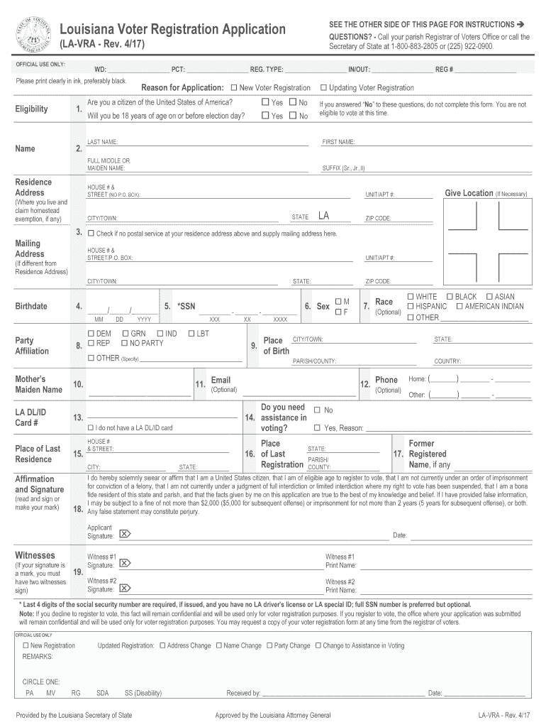  Louisiana Voter Registration Application Louisiana Secretary 2017