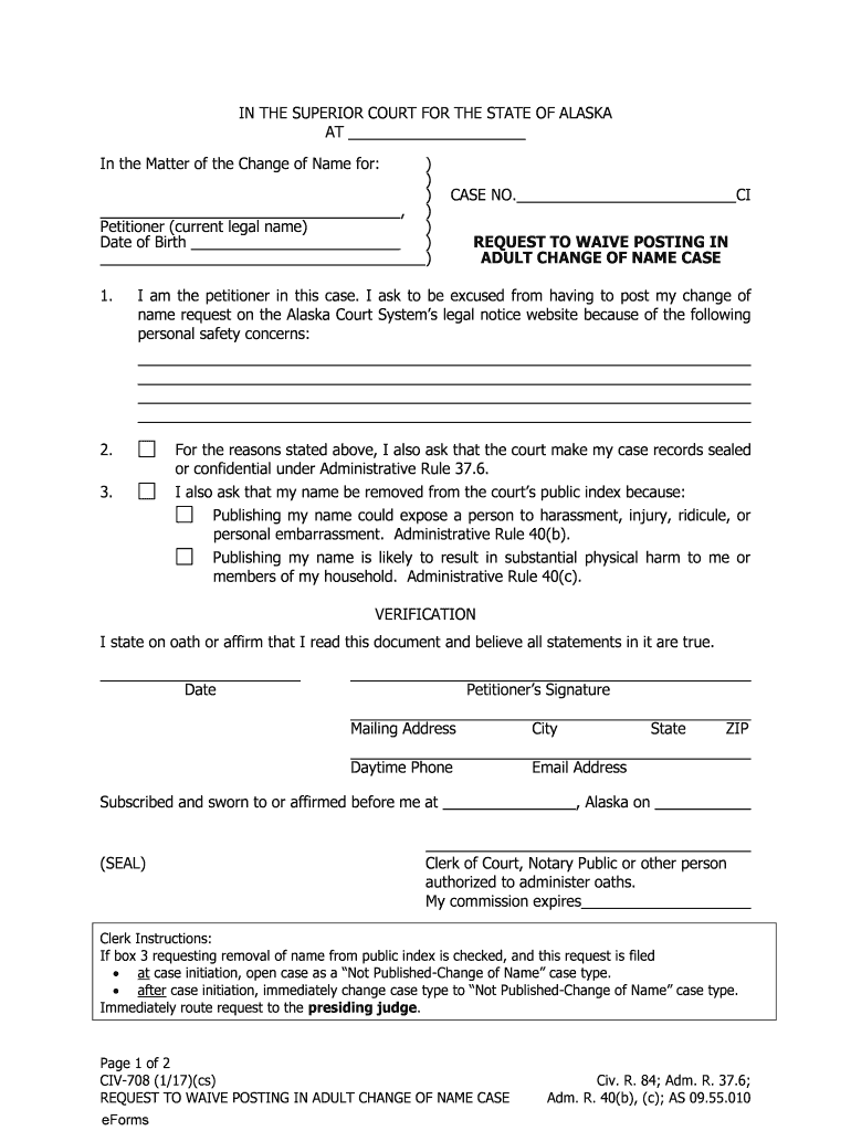  Alaska Request to Waive Posting in Adult Name Change Case 2017-2024