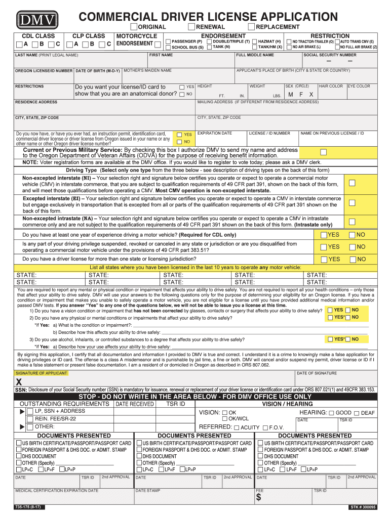  735 175 Commercial Driver License Application Original, Renewal, Replacement 2017