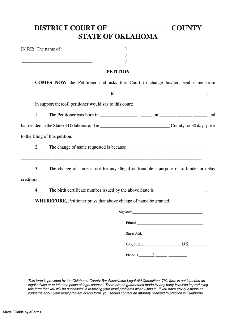 Get and Sign Oklahoma Name Change Legal  Form