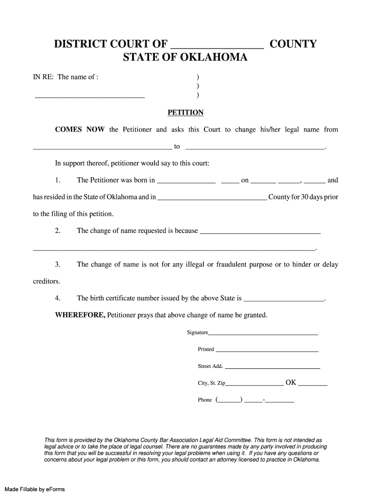 Oklahoma Name Change Legal  Form