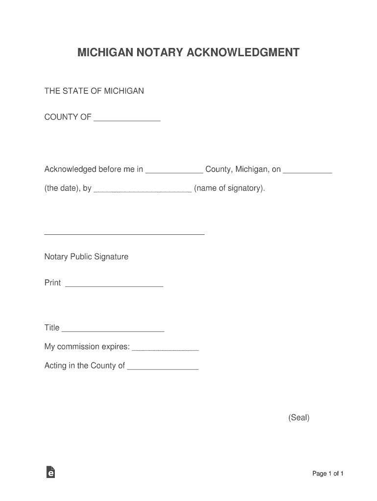 Michigan Notary Acknowledgement  Form