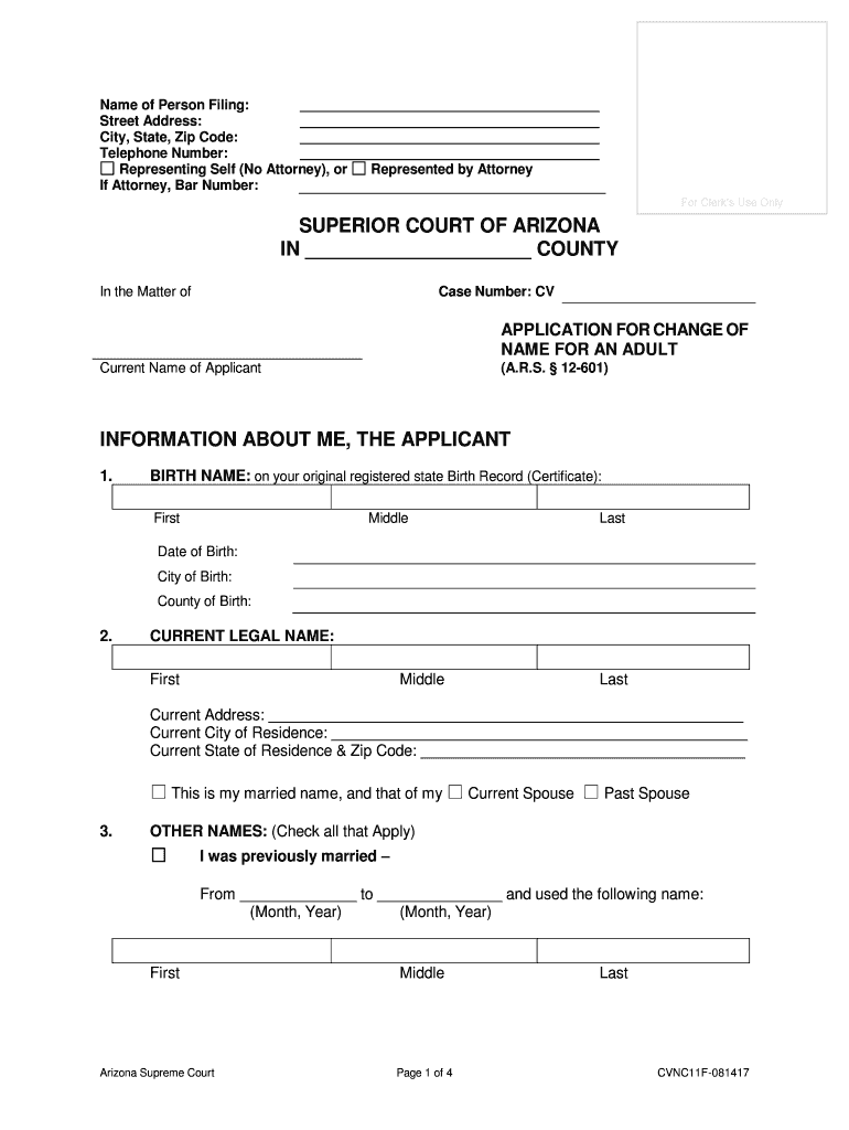  Arizona Application for Change of Name for an Adult 2017-2024
