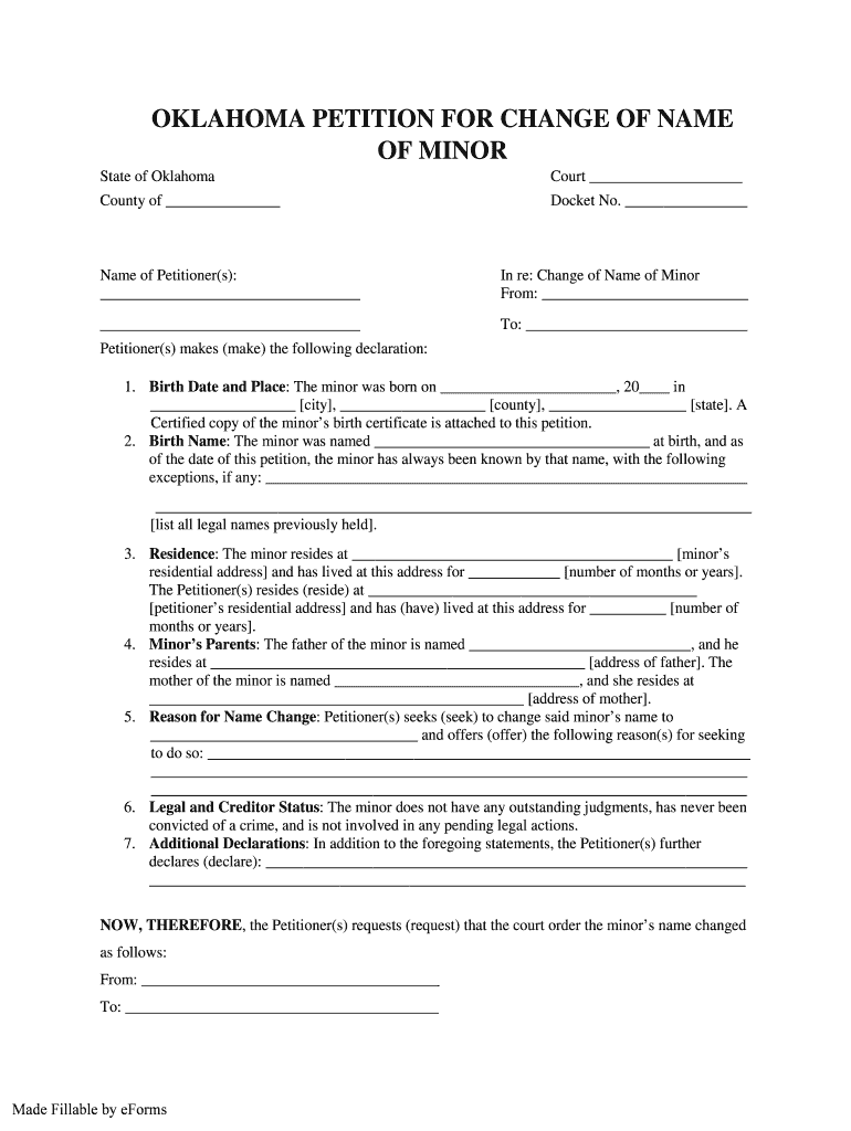 OKLAHOMA PETITION for CHANGE of NAME  Form
