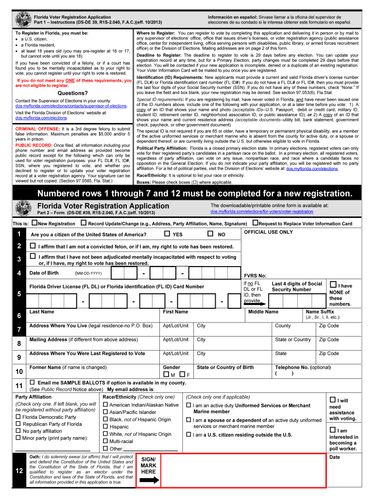 Get and Sign Florida Voter Registration Application DS DE #39 2013-2022 Form