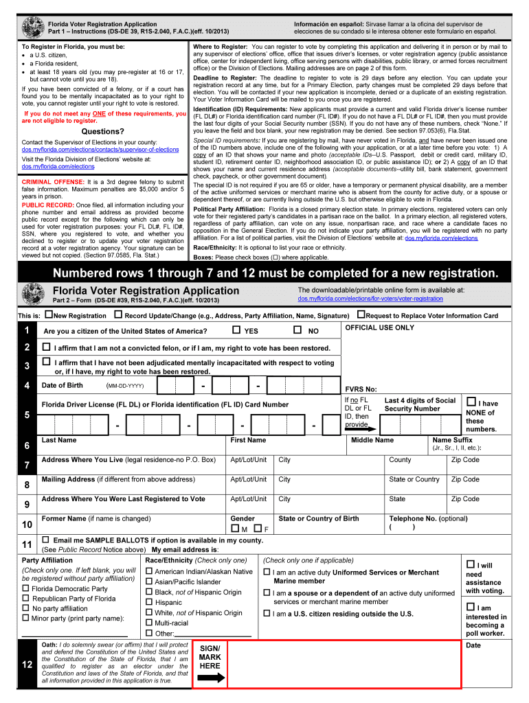 Florida Voter Registration Application DS DE #39 2013