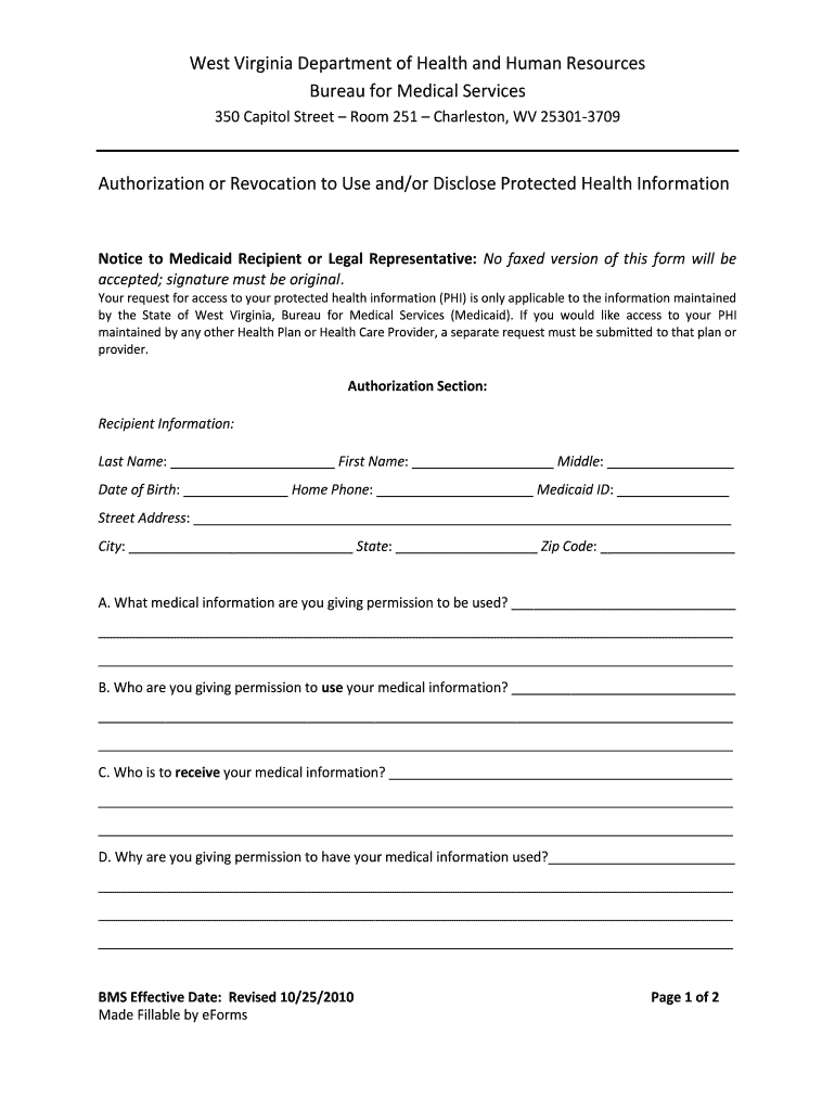  HIPAA Forms West Virginia Department of Health and 2010-2024