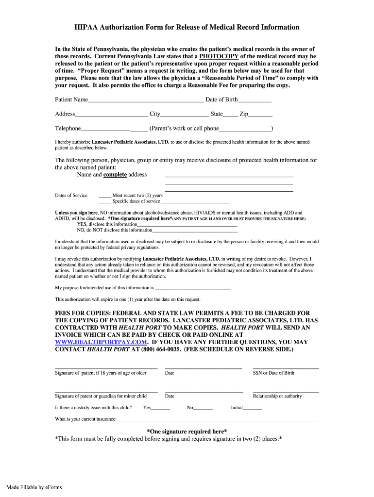 HIPAA Authorization Form for Release of Medical Record