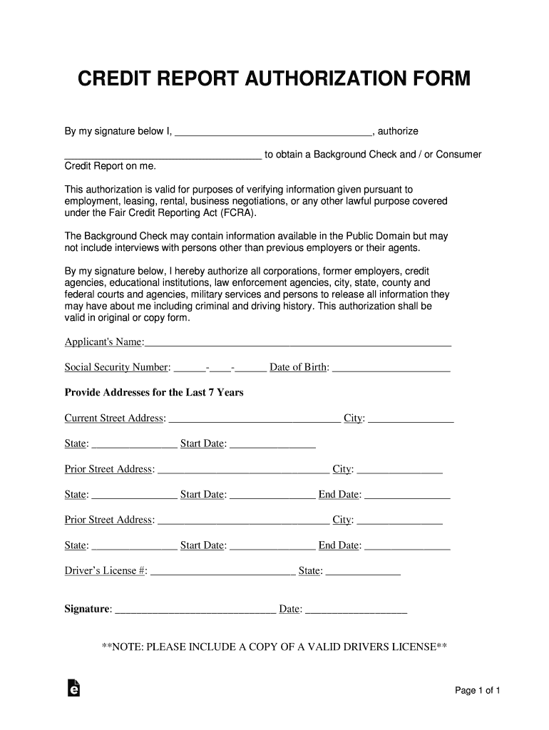 Credit Report Authorization  Form