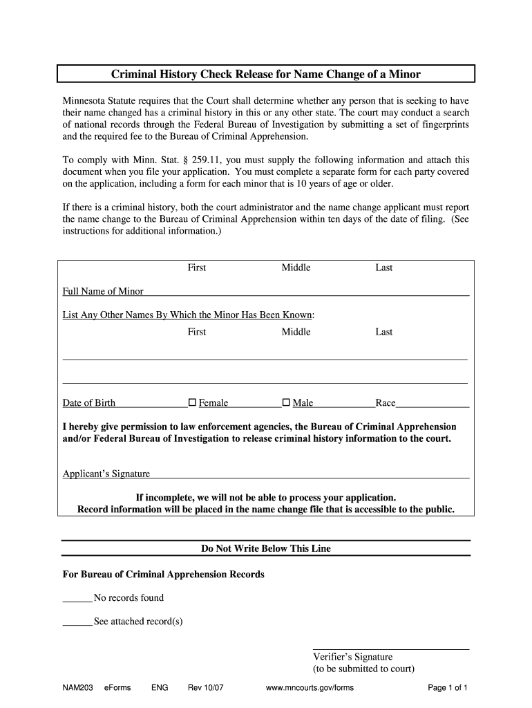  Criminal History Check Release for Name Change of a Minor Form NAM203 2007-2024