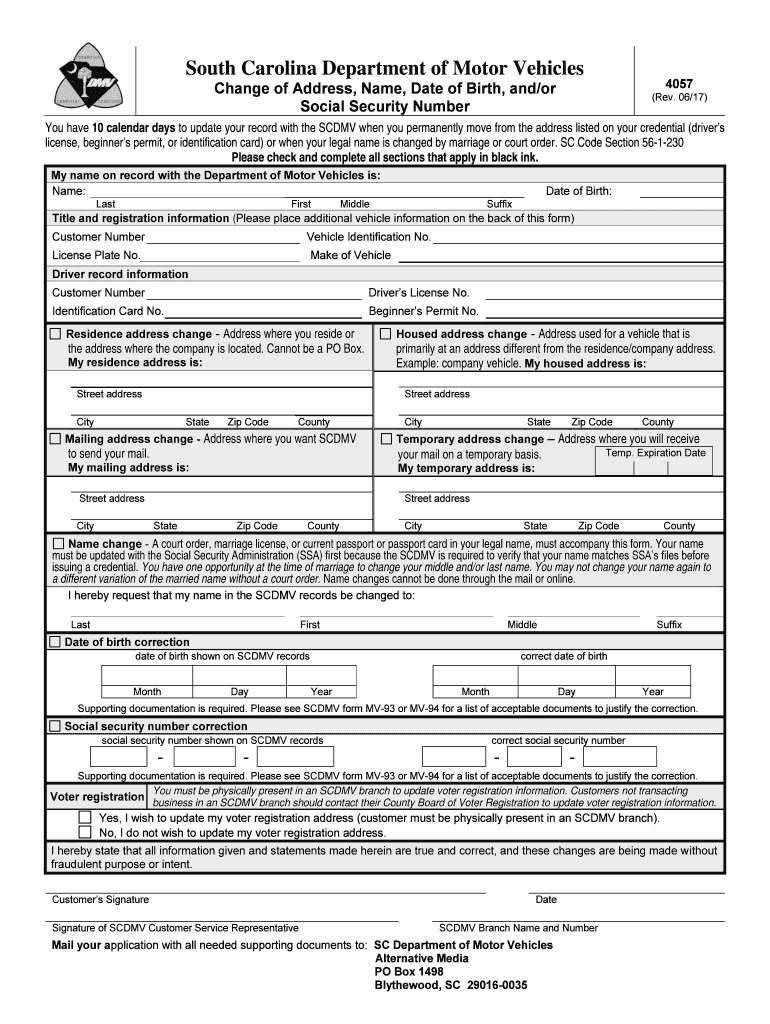  4057 Application for Name Andor Address Change, Date of Birth Andor Social Security Correction, or Special Mailing 2017